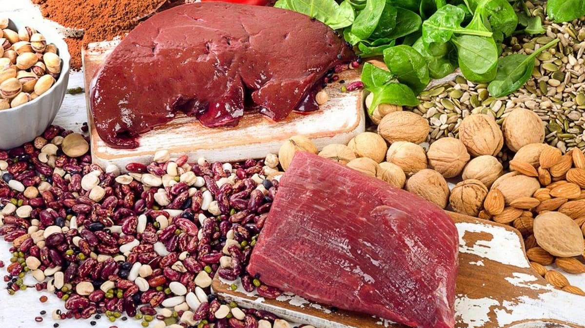 Iron-rich foods including liver, meat, beans and vegetables