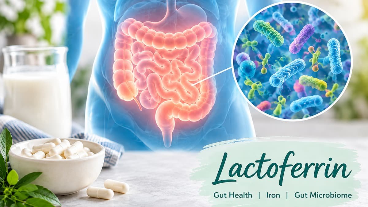 Lactoferrin supplement with digestive system and gut microbiome illustration
